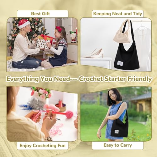 MAKINGTEC Beginners Crochet Kit - 70 Pcs for Adults and Kids. Includes 16 Yarns, Crochet Hooks Set, Canvas Tote Bag. Complete Knitting & Crochet Supplies Kit(Black)