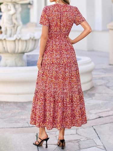 Image of BTFBM Womens Summer Floral Maxi Dresses V Neck Short Sleeve Boho Casual Flowy Long Wedding Guest Dress Beach Vacation