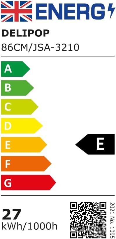 EU Energy Label for DELIPOP 86CM/JSA-3210 showing energy efficiency class E and 27 kWh/1000h consumption.