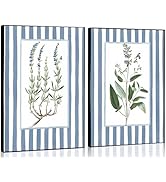 2 Pcs navy Blue Striped Floral Wall Art Grey-Blue Grand Millenial Paintings Prints Posters Antiqu...