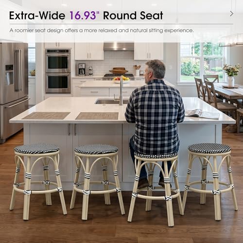 Image of PURPLE LEAF Patio French Round Counter Stool Set of 2 Large Seat 26 inch Rattan Armless Stackable Barstools Rattan Wicker with White Print Aluminum Footrest Indoor Outdoor Kitchen Cafe Black