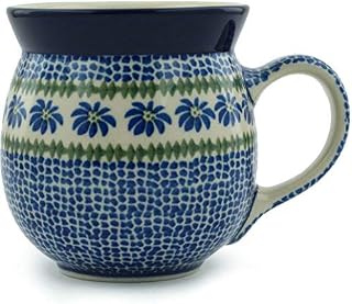 Polmedia Polish Pottery Bubble Mug 16 oz - Polka Dot Daisy Pattern Handmade in Boleslawiec Poland by Ceramika Artystyczna + Certificate of Authenticity