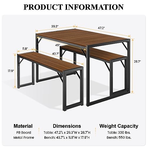 SHA CERLIN Kitchen Dining Table Set for 4 with Benches, Rustic Small Space Saving Dinette, Heavy Duty Metal Frame - Thumbnail 6
