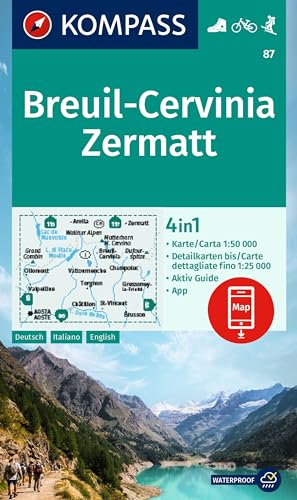 Kompass Wanderkarte 87 Breuil-Cervinia, Zermatt 1:50.000: 4In1 Wanderkarte Mit Aktiv Guide Und Detailkarten Inklusive Karte Zur Offline Verwendung In 