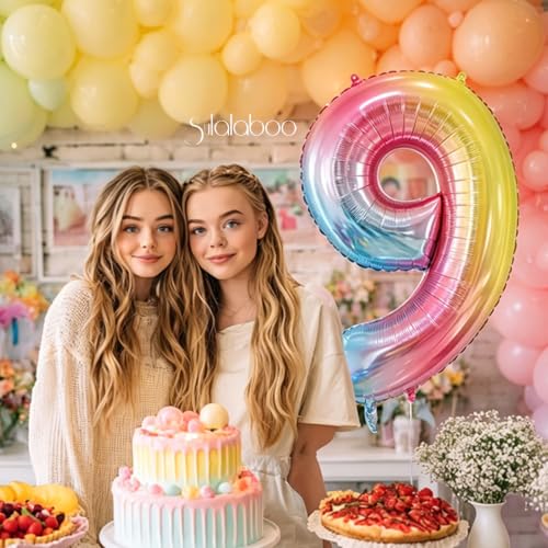 Image of Rainbow Gradient Number 9 Balloon 40 Inch Big Large Balloons 0-9 | 9th Helium Foil Mylar Number Balloons for Birthday Anniversary Party Decorations