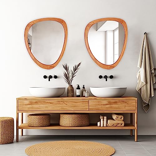 Wallbeyond Asymmetrical Mirror, Irregular Wall Mirror For Bathroom, Wall Mirrors Decorative For Bedroom Living Room Entryway Hall, Wood Framed Walnut Mirror 23.5" H X 19" W #TOP6