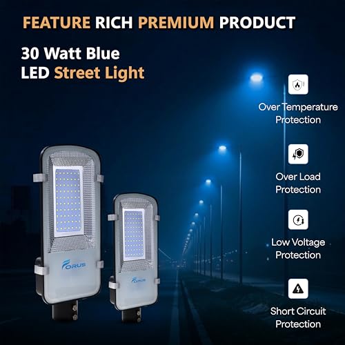 Image of Forus 30W LED Street Light with Clamp, IP66 Waterproof Outdoor LED Street Light, High Lumen 3600lm Blue, Aluminium Body for Road, Parking Lot, Garden & Industrial Outdoor Lighting (1 Pc)