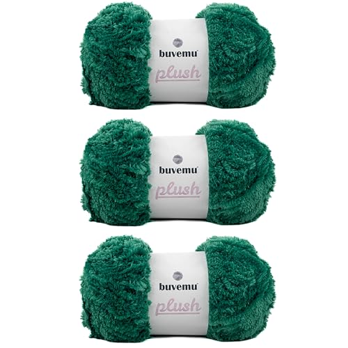 Buvemu Plush Faux Fur Yarn for Crochet, Knitting, Pine Green, 3-Pack