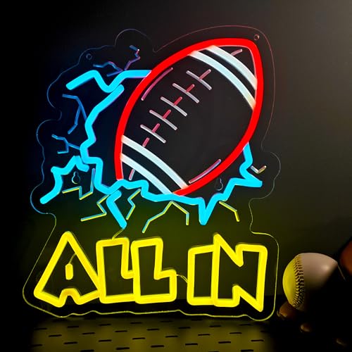 ALL IN Football game Neon Sign Football Neon Sign for Wall Decor Football LED Signs for Man Cave Bar Teens Boys and Girls Bedrooms and Game Rooms. Smart plug timer compatible USB-Powered Neon Wall Signs Gift for Football Fans Teens.(14.2x12.6 Inch