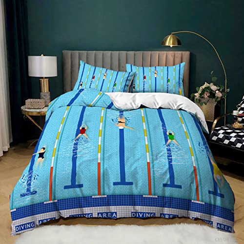 Funda Nordica 150x200 Juvenil Deportes de NatacióN Azul Juego de Ropa de Cama de Microfibra con Cremallera, Funda Nordica Cama 90 con ​1 Funda de Edredón + 2 Funda de Almohada 50x75 cm
