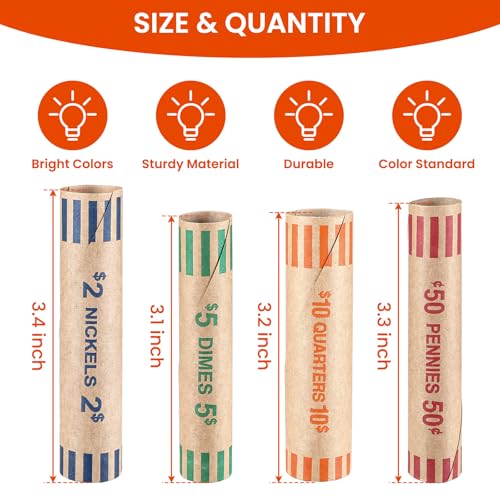 512 Pieces Assorted Coin Wrappers Rolls Preformed Coin Wrappers Coin Rollers Coin Paper Rolls Coin Wrapping Tubes Includes 128 Quarters, 128 Pennies, 128 Nickels and 128 Dimes for Bank and Office - Thumbnail 2