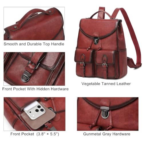 Image of COOLCY Women Vintage Genuine Leather Backpack Purse Fashion Rucksack Practical and Stylish Retro Daypack Bag (Wine)