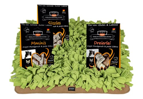 QCHEFS Natur Zahnpflege Hund - Leckerli auf Teppich Matte Decke Rasen- schadstofffrei! Mit Spaß Nasenarbeit & Zähne geputzt- NEU: SCHNÜFFEL-DENTAL Cover