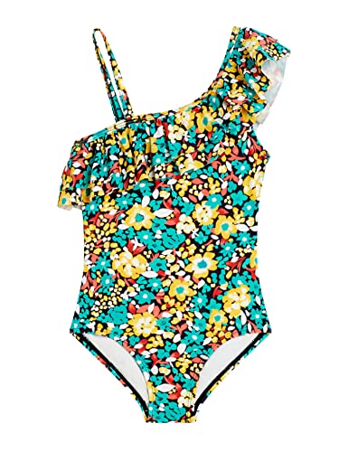 Kanu Surf Girls' Morgan Floral Ruffle 1-Shoulder 1-Piece Swimsuit, Caitlin Black/Green,4