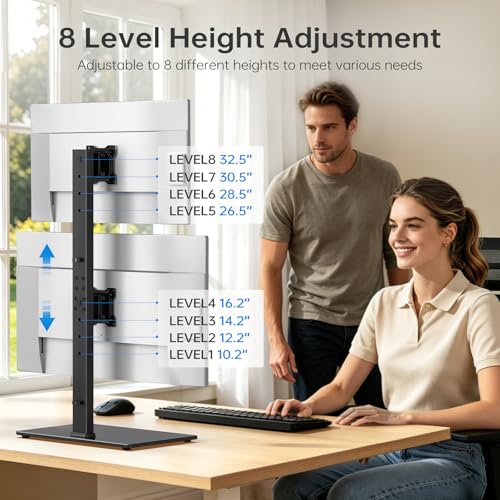 Afaloona Freestanding Vertical Dual Monitor Stand for 13-32" Screens, Space Saving Stack Mount with 8 Height Options, Full Motion Adjustment, Heavy Duty Base, Supports Total 88lbs, VESA 75x75mm/100x100mm — view 3