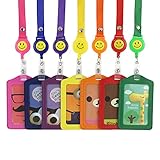 JINL 7 Pcs Ertical Style Assorted Color Faux Leather Business Id Credit Card Badge Holder Clear Pouch Case +7 Pcs Retractable Smile Face Badge Reels with Nylon String