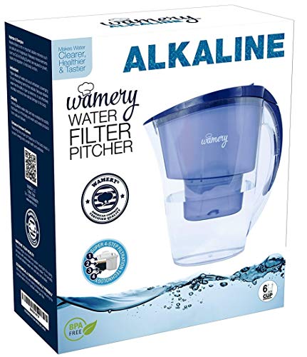 WAMERY Alkaline Water Pitcher 1.5 Liters, 6 Cup, Enhanced 2020 Slim Model, Free