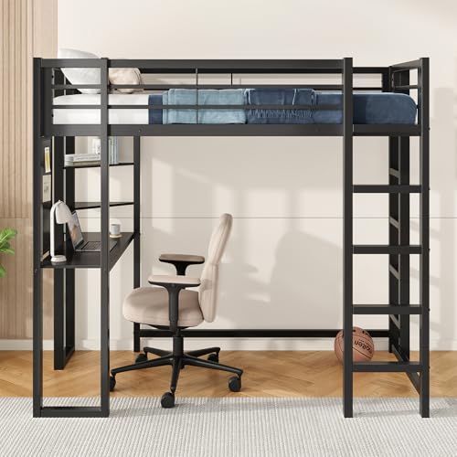 Image of Twin Metal Loft Bed with Desk and Shelves, Space-Saving Frame with Ladder and Full-Length Guardrails, Space-Saving Bed for Bedroom, Black (Mattress Not Included)