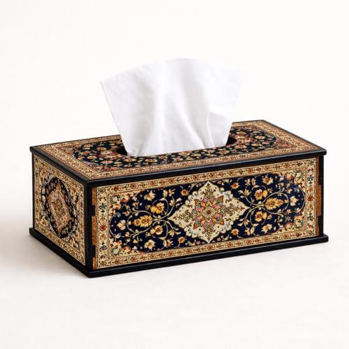 Image of Luxury Navy Gold Floral Printed Tissue Box Holder Designer Wooden Tissue Box Cover for Home, Office & Dining 6.5x5x3 Inch