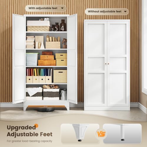 Image of Yizosh Metal Storage Cabinet with 2 Doors and 4 Adjustable Shelves - 71 inch White Kitchen Pantry Storage 4-Tier Tall Steel Cabinets Locker for Kitchen, Living Room, Dining Room