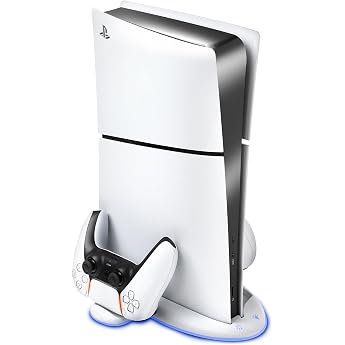 Preste 5 Vertical Stand, Equipped with Cooling Fan, for PS5 Slim, Controller Charger Charging 2 Devices Simultaneously, DualSense Compatible, PS5 Accessories, Game Console Storage Rack, Space Saving