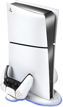 Preste 5 Vertical Stand, Equipped with Cooling Fan, for PS5 Slim, Controller Charger Charging 2 Devices Simultaneously, DualSense Compatible, PS5 Accessories, Game Console Storage Rack, Space Saving