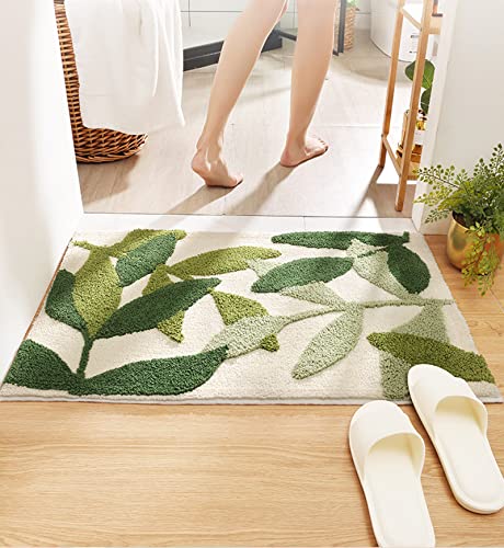 Green Leaves Bath Mats Bathroom Rugs Non-Slip Soft Microfiber Absorbent Machine Washable Entrance Doormat Boho Carpet for Bathroom Floor Tub Shower 17.5 X 25.5 Inches