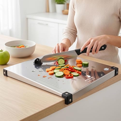 Image of Stainless Steel Chopping Board with Attached Knife | Food Grade Steel Cutting Board for Kitchen | Heavy Duty Metal Vegetable Cutting Board | Rust Resistant, Easy to Clean