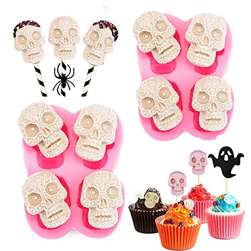 Cestony Halloween 2Pcs 4 Cavity Skull Chocolate Silicone Molds for DIY Cake Fondant Biscuit Cookies Soap Sugar Pudding Chocolate Hard Candies Dessert Candle Decor