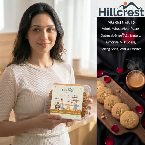 Image of Hillcrest Bakery Roasted Almond Oatmeal Cookies, 18 Pieces, 300 Grams | Premium Baked Snack | Crispy & Delicious | Tea Time Treat | Suitable for Everyday Snacking | Hygienically Packed