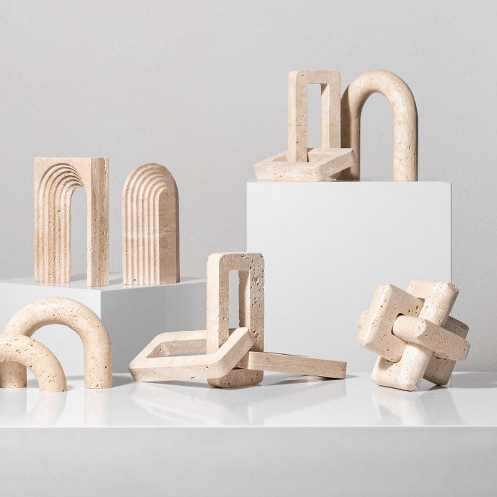 Natural Beige Travertine-Like Decorative Ornament Geometric Sculpture, Abstract Cross Design, 7.8 x 7.8 x 7.8 inches, Natural Beige, Six-Piece Burr Puzzle Design