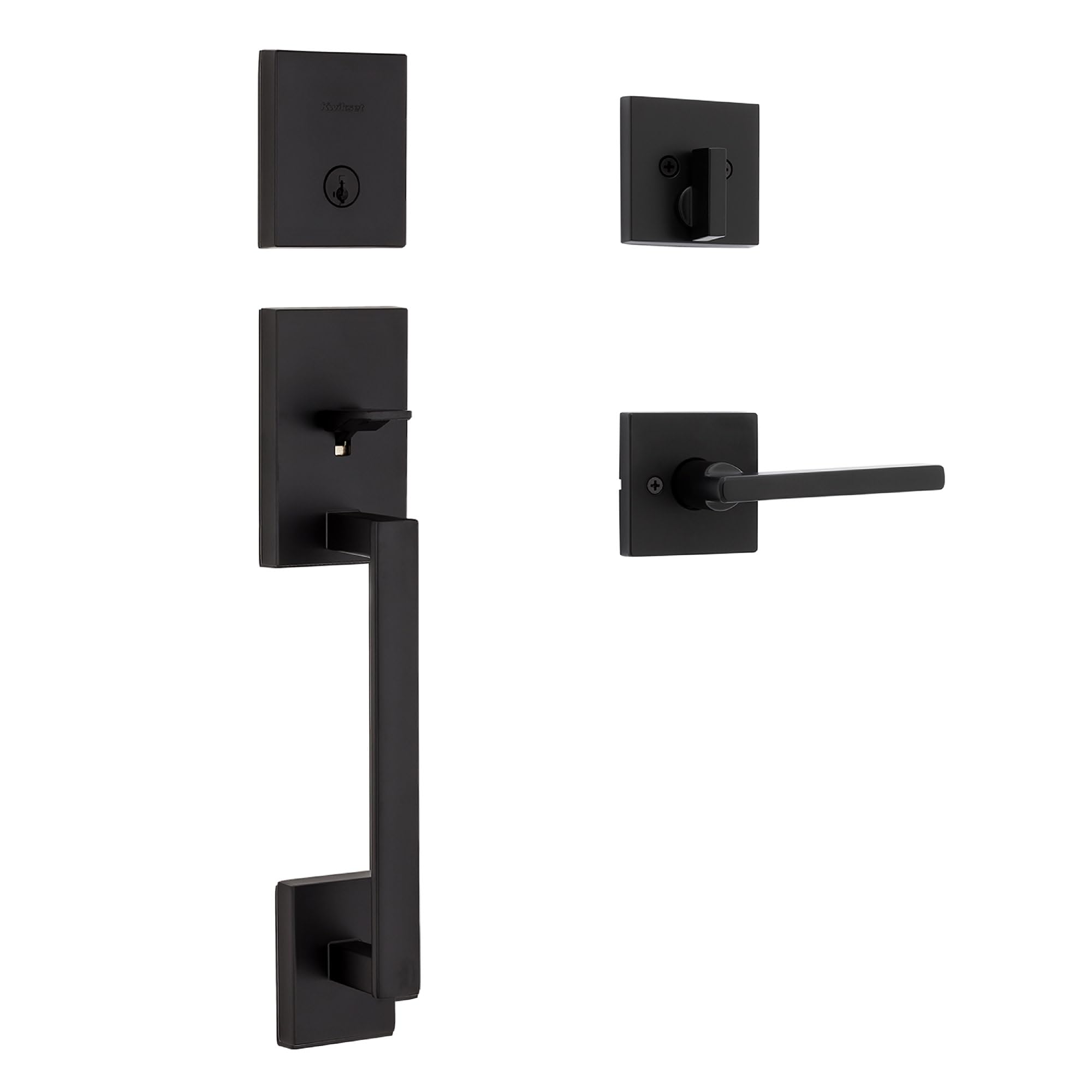 Kwikset San Clemente Zestaw klamek do drzwi przednich i zasuwy, klamka do drzwi wejściowych na zewnątrz z wewnętrzną dźwignią odwracalną, matowa czerń, odporny na wybór SmartKey Rekey Deadbolt