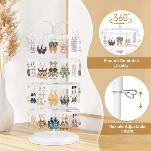 Image of MODOWEY 4 Tiers Metal Rotating Earring Holder Organizer Stand Adjustable Display Tree, 176 Holes Large Carousel Rack for Stud Hoop Pierced Dangling Women, Idear View for All Earrings, White