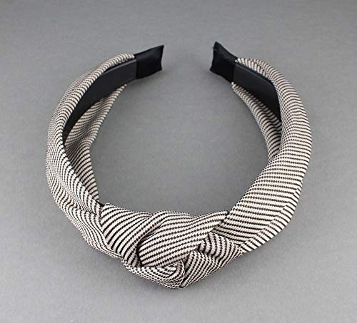 Beige Black Pinstripe Turban Knot Headband Stripe Fabric Covered Band Grip Teeth Headband Khaki #TOP2