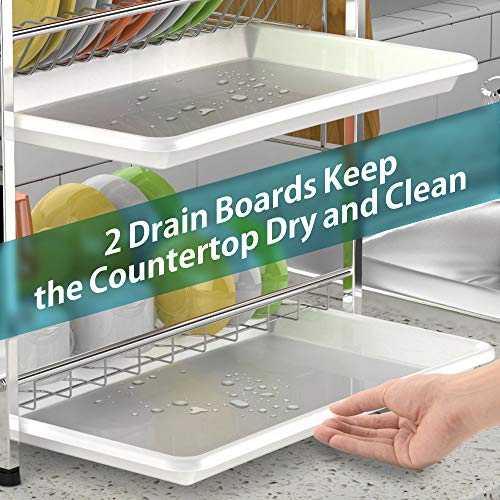 Dish Rack, Cambond 304 Stainless Steel 2 Tier Dish Drying Rack with Drain Board, Utensil Holder, Cutting Board Holder, Rustproof Dish Drainer for Kitchen Countertop, Silver - Thumbnail 2