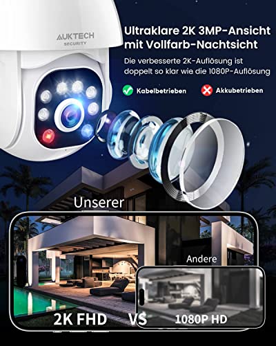 AUKTECH 2K Outdoor IP Kamera - Nachtsichtfarbe, Bewegungsmelder mit WLAN, IP66 Wasserdicht