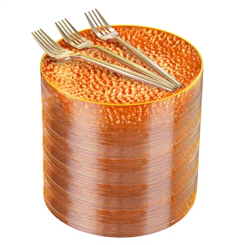 Rubtlamp 200Pcs Orange Plastic Dessert Plates, 6inch Small Plates with Gold Rim,Orange Hammered Appetizer Plates with 100 Pcs Gold Forks, Fancy Salad Platos for Party Wedding Birthday Teatime