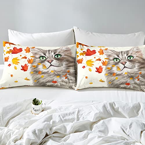 Erosebridal Fall Thanksgiving Bed Sheets For Kids, Cat Maple Leaf Fitted Sheet Autumn Farmhouse Bedding Set Cute Animal Garden Leaves Fitted Bed Sheets For Boys Girls Women Teens, Full (No Flat Sheet) #TOP3