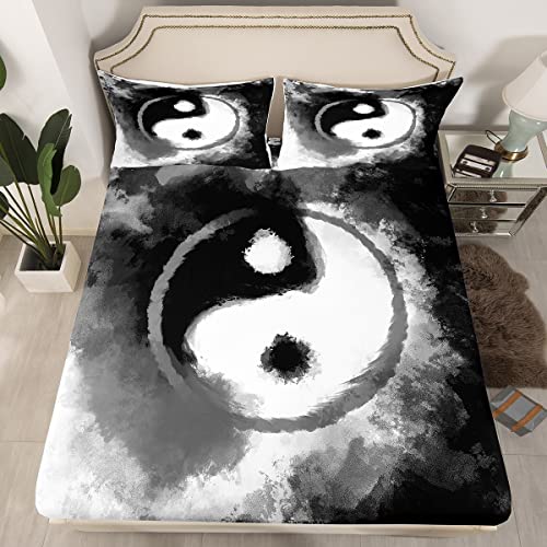 Yin Yang Sheet Set Kids Boho Trippy Sheets with Deep Pocket Fitted Sheet for Boys Girls Tradition Pattern Bed Sheets Set Breathable Psychedelic Peace Sign Bedding Set Ink Art Bed Set Double - Image 3