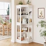 UKAOCAI 70''H Tall Corner Cabinet with Glass Doors,Farmhouse Storage Cabinet with 4 Shelves & Top Guard Rail,Home Pantry Hutch for Bar,Kitchen, Dining Living Room, Bathroom, White