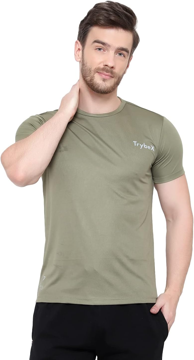 TrybeX Men's Half Sleeve Olive Green Solid Dri-Fit T-shirt