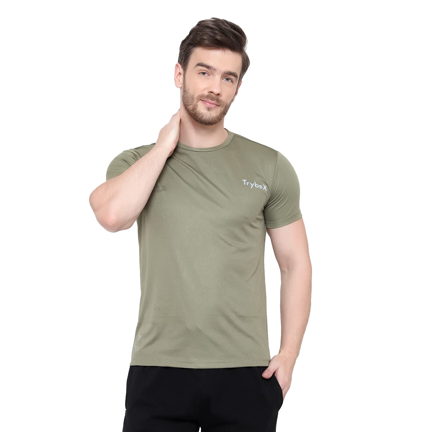 TrybeX Men's Half Sleeve Olive Green Solid Dri-Fit T-shirt