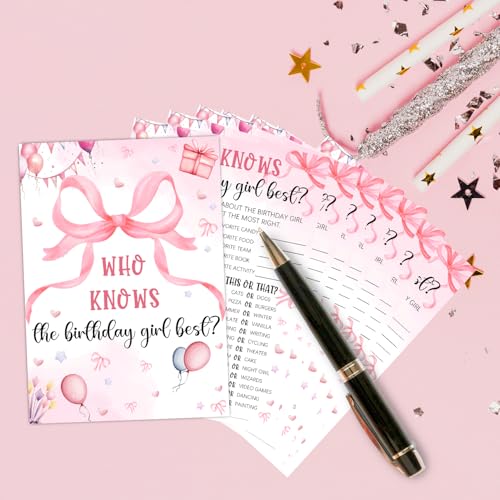 Image of Who Knows The Birthday Girl Best, Pink Party Game Card Set, 5x7 inch, Pink Bow Theme Girls Sleepover Party Supplies, Girls Birthday Night Game Ideas, 20 Cards + 20 Pencils