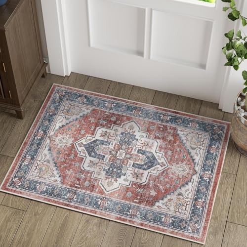 jinchan Oriental 2x3 Rug for Entryway - Machine Washable Non-Slip Doormat Ultra-Thin Low-Pile Small Vintage Floral Distressed Accent Rug for Entrance Bedroom Kitchen Bathroom (2x3ft, Grey/Bl