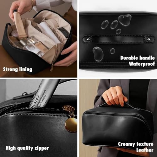 Image of ANGENIL Makeup Pouch Bag, Travel Pouches for Women, Vanity Bag for Women Latest, Cosmetic Organizer, Travel Toiletry Bag, Mini Makeup Bag and Skincare Pouch, Leather Vanity Bag (Black, Medium)