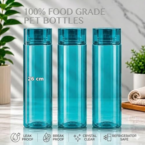 Image of H2O 1 Litre Each Water Bottle Set of 3 - Crystal Clear, BPA-Free, Breakproof & Leakproof | Fridge Safe Transparent PET Bottles | Made in India | Ideal for School, Office, Kitchen & Travel (Blue)