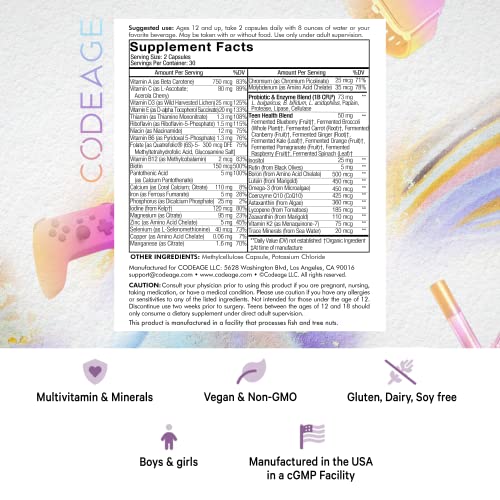 Codeage Teen’s Daily Multivitamin Supplement, 25+ Vitamins & Minerals For Teenage Boys & Girls, Organic Whole Foods Vitamins For Teenagers, Vitamin A, B Vitamins, Vitamin C, D, E, K, Omega-3, 60 Ct #TOP1