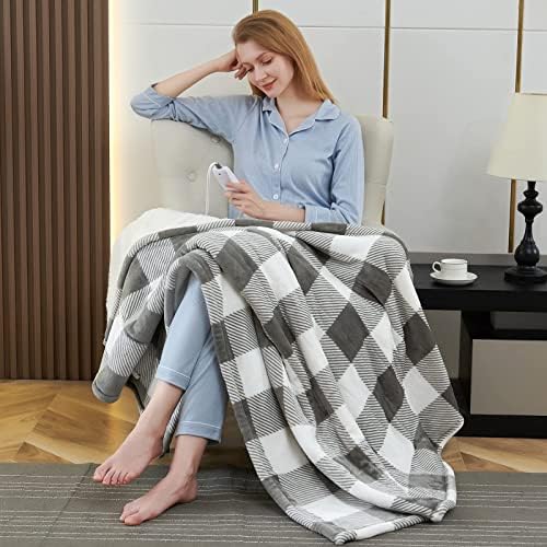 BESTCHIC Electric Heated Blanket Throw 50" x 60" Full Body Size Fast Heating Blanket, 100% Polyester Flannel, 4 Heating Levels 4 Hours Auto-Off, ETL Certified Machine Washable (Grey White Plaid)