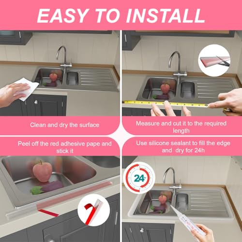 Image of HASTHIP 39Inch /1m Water Stopper with Glue - Sink Splash Guard in Kitchen Water Dam Barrier Strip Shower Silicone Bendable Water Stopper for Kitchen Sink, Transparent