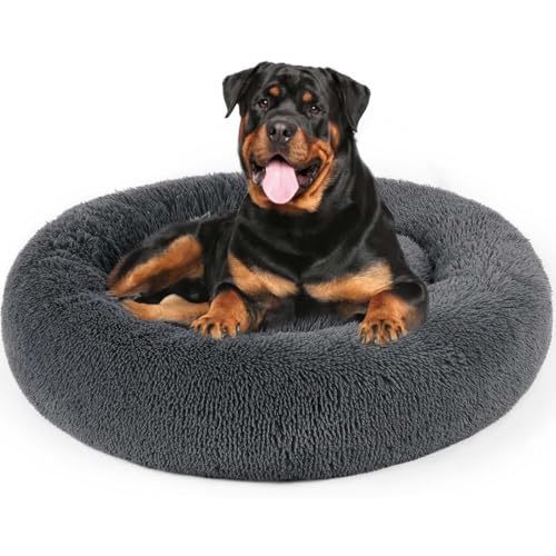 Jsasezr Calming Dog Bed for Small Medium Dogs,80cm Anti-Anxiety Donut Dog Cat Cuddler Bed Machine Washable Fluffy Luxury Anti-Slip Waterproof Mute Base Warming Cozy Soft Pet Round Bed-Dark Grey